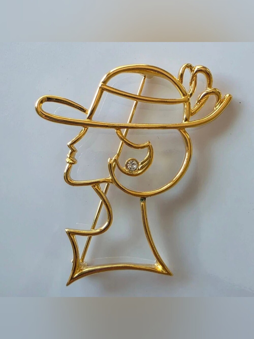 Vintage Gold Plated Cubic Zirconia Elegant Lady Head Pin Brooch